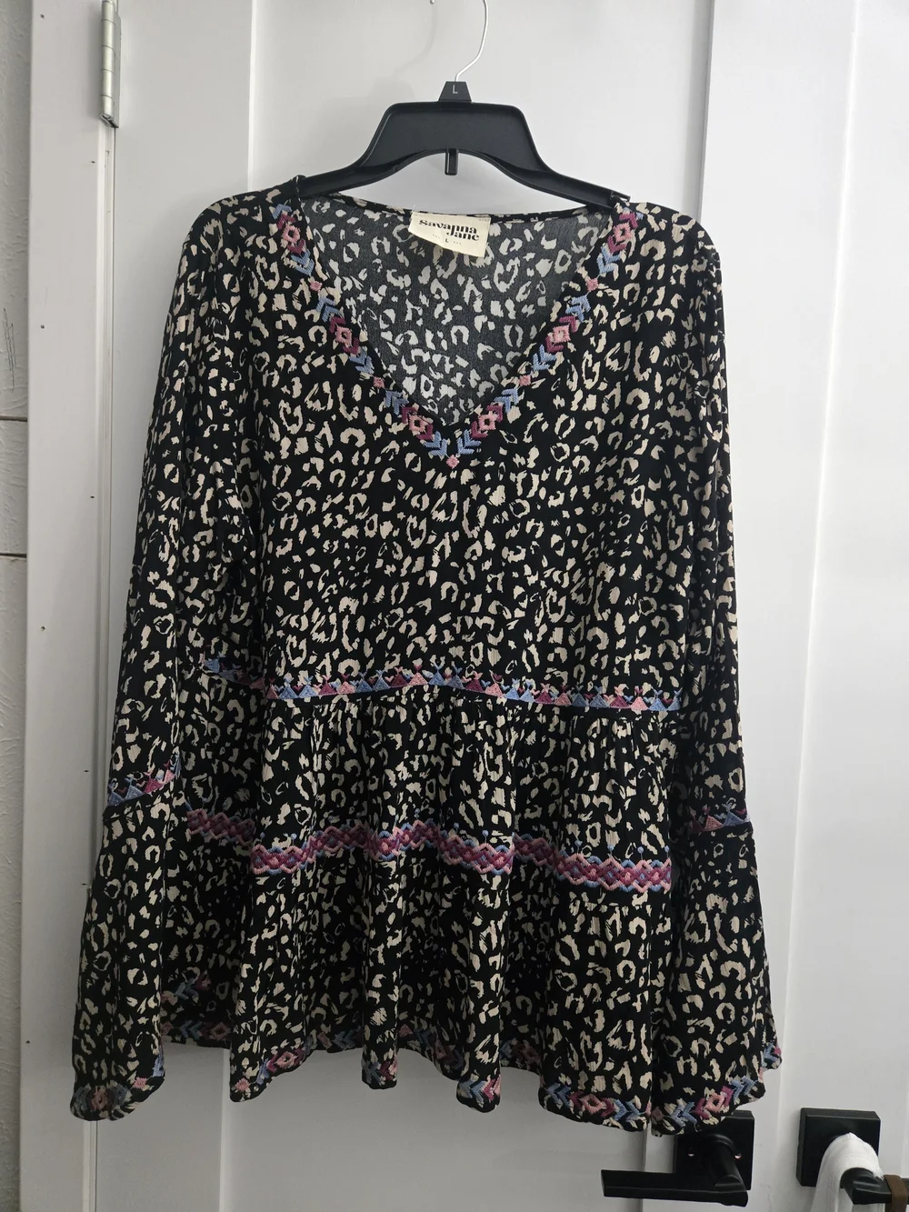 Anthropologie Black and Cream Leopard V-Neck Peasant Top with Embroidered Trim - Picture 1 of 5